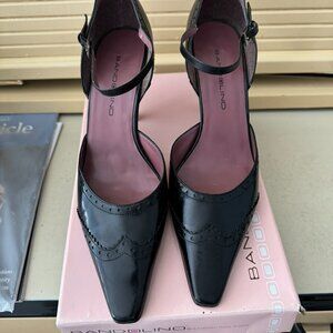 Black leather ankle strap heels